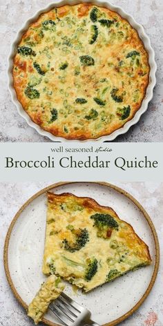 broccoli cheddar quiche on a plate with a fork in it