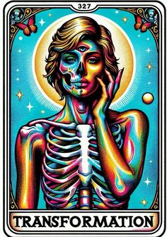 the skeleton tarot card with an image of a woman holding her hand to her face