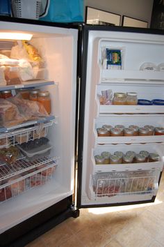 two open refrigerators with food and drinks in them