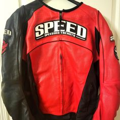 Leather Riding Jacket In Excellent Condition. All Padding Still In And No Marks Or Blemishes Racing Style Long Sleeve Biker Jacket For Motorcycling, Racing Biker Jacket With Long Sleeves For Motorcycling, Long Sleeve Racing Biker Jacket For Motorcycling, Red Long Sleeve Outerwear For Biker Events, Red Biker Outerwear For Biker Events, Red Biker Outerwear For Events, Red Long Sleeve Moto Outerwear, Casual Red Outerwear For Biker Events, Black Racing Outerwear For Sports