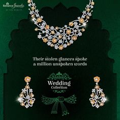 an advertisement for the wedding collection with gold and white necklaces, earrings and bracelets