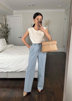 11 Best Business Casual Outfits You Need To Try! - THE FASHIONABLE ONE August Business Casual Outfits, Lawyer Outfit Summer, Cream And Blue Outfits, Powder Blue Pants Outfit, Summer Business Professional Outfits, First Job Outfits, Intern Fits, Business Professional Outfits Summer, Smart Casual Blue