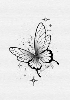 a black and white drawing of a butterfly with stars on it's back side