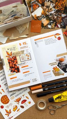 the contents of an autumn scrapbook are laid out