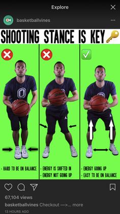 a man holding a basketball while standing in front of a green screen with the text shooting stance is key