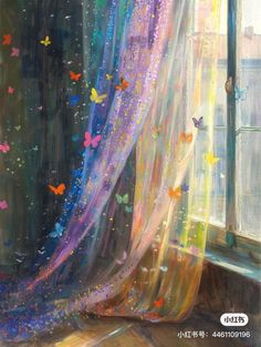 a painting of butterflies flying out of a window