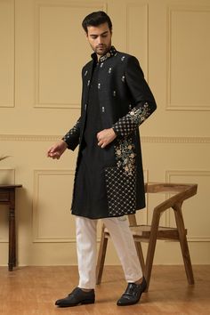 Black jacket embroidered with floral patterns embellished with cutdana and sequin. Comes with plain kurta and pant.
Components: 3
Pattern: Embroidered
Type Of Work: Cutdana,Squin
Neckline: Jacket and Kurta: Mandarin Collar
Sleeve Type: Jacket: Full
Fabric: Semi Raw Silk
Color: Black
Other Details: 
Side slits
Closure: Kurta: Button
Occasion: Sangeet,Cocktail and Reception - Aza Fashions Peach Color Palette, Types Of Silk Fabric, Dark Peach Color, Peach Color Palettes, Plain Kurta, Kurta Set For Men, Men's Ethnic Wear, Floral Jacket, Light Peach