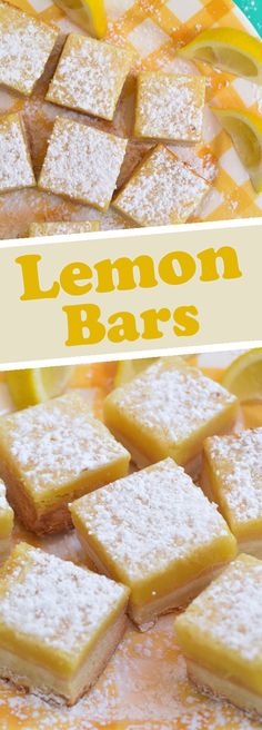 lemon bars with powdered sugar on top and in the middle, sitting on a plate