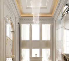 a bathroom with a chandelier hanging from the ceiling next to a bathtub