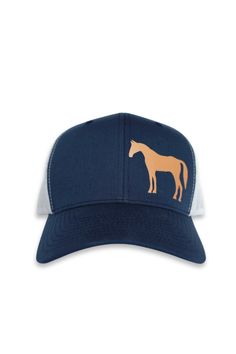 a blue and white hat with an orange horse embroidered on the front, against a white background