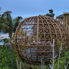 a large wooden structure sitting on top of a lush green field next to palm trees