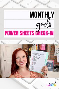 a woman holding up a planner with the words, month goals power sheets check - in