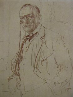 a drawing of an old man with glasses and a bow tie sitting in front of a wall