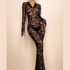 Sheer V-neck Maxi Dress For Evening, Elegant Long Sleeve Stretch Maxi Dress, Fitted V-neck Maxi Dress For Fall, Sheer Lace Floor-length Maxi Dress, Elegant Long Sleeve Bodycon Maxi Dress, Chic V-neck Maxi Dress With Hollow Out, Sheer Stretch V-neck Dress, Fitted Hollow Out Maxi Length Dresses, Elegant Long Sleeve Maxi Dress