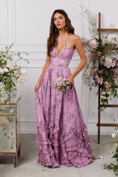 The Scarlette Dress in Lilac Tapestry Rose – V. Chapman Lavender Dress Formal, Light Purple Prom Dress, V Chapman, Light Purple Background, Purple Bridesmaid Dress, Lavender Bridesmaid Dresses, Feminine Clothing, Prom Inspo, Halter Gown