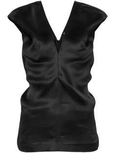 black silk plunging V-neck and V-back sleeveless ruched detailing straight hem concealed rear zip fastening City Dress, Dolce E Gabbana, Summer Beach Wear, Blouse Black, Silk Top, Black Silk, Black Blouse, Silk Blouse, Silk Satin