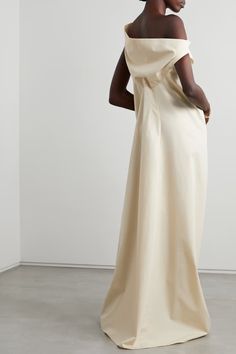 THE ROW Bamaris draped cotton-poplin maxi dress | NET-A-PORTER Net A Porter Long Dress, Moda Operandi White Dress, Quiet Luxury Fashion, Cotton Gowns, Drape Maxi Dress, Long Linen Dress, Draped Neckline, Grey Maxi Dress, Iconic Dresses