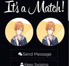 an anime character with red hair and orange eyes is looking at the camera, which reads it's a match send message keep swiping