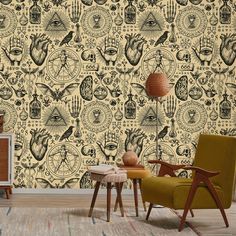 a living room with an old fashioned wallpaper