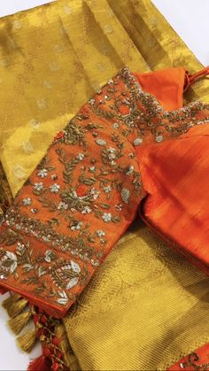 Orange Work Blouse Designs, Orange Blouse Maggam Work Designs, Sreemantham Sarees, Orange Blouse Designs, Wedding Blouse Designs Latest, Exclusive Saree Blouse Designs, Violet Blouse