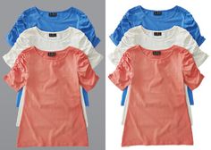 four different colored shirts with ruffles on the shoulders and one in red, white, blue