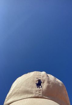 a hat with a horse embroidered on the front and blue sky in the back ground