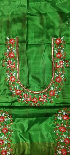 Durga Embroidery, Embroidery Neck Designs, Green Saree