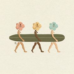 three people carrying flowers on top of a surfboard in the middle of an image