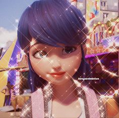 an animated girl with blue hair standing in front of carnival rides