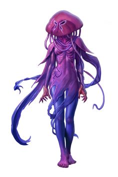 an image of a purple creature with long hair and blue skin, standing in front of a white background