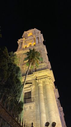 a tall clock tower lit up at night with palm trees in the foreground and onlookers below