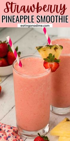 two glasses filled with pineapple smoothie on top of a table