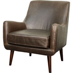 a brown leather chair with wooden legs