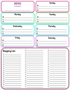 a printable meal planner with the words, shopping list