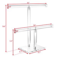 a white shelf with two glass shelves on each side and measurements for the widths