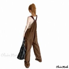 Olivia Mark - Vintage Khaki Overalls Loose-Fitting Floor-Length Wide Leg Denim Pants Brown Utility Overalls For Fall, Cotton Wide Leg Overalls For Fall, Wide Leg Cotton Overalls For Fall, Brown Workwear Overalls With Pockets, Brown Cotton Overalls With Pockets, Brown Cotton Overalls, Wide Leg Overalls For Fall Workwear, Relaxed Fit Wide Leg Overalls With Pockets, Casual Straight Leg Overalls For Fall