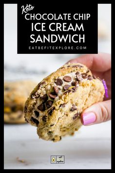 chocolate chip ice cream sandwich with text overlay