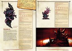 an open book with pictures and text on the front page, including images of demonic creatures