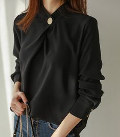 Round Neck Long Sleeve Office Blouse Shirt Stand Collar Blouse, Chiffon Shirt Blouse, Shirts Women Fashion, The Office Shirts, Women Blouse, Chiffon Long Sleeve, Elegant Shirt, Women Shirts Blouse, Collar Blouse