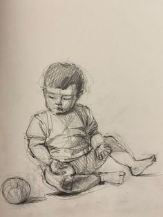 a drawing of a child sitting on the ground with a ball in front of him