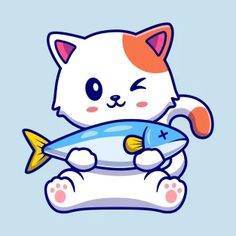 a white cat holding a fish on top of a blue background with the caption's name