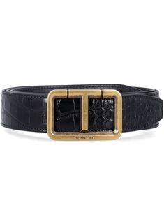 black leather embossed crocodile effect buckle fastening gold-tone logo plaque punched holes adjustable fit Aviator Watch, Lipstick Bag, Chain Strap Bag, Oversized Tote Bag, Men's Toms, Balenciaga Track, Office Bag, Balenciaga Triple S, Belt Black