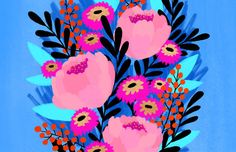 a painting of pink flowers on a blue background