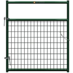 a green gate with metal bars and hooks on the top, against a white background