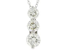 1.50ctw round white lab-grown diamond, rhodium over 14k white gold 3-stone pendant. Measures approximately 5/8"L x 3/16"W and has a 1mm bail. Comes on an 18" cable chain with  2 jump rings allowing the necklace to be worn at 17" or 16", and has a lobster claw clasp closure. Near colorless, eye clean. Three Stone Round Diamond Necklace, Diamond White Three Stone Diamond Necklace, Diamond White Three Stone Round Necklace, Three Stone Cubic Zirconia Diamond Necklace, White Three-stone Lab Grown Diamond Jewelry, White Three Stone Lab Grown Diamond Jewelry, Three-stone Cubic Zirconia Diamond Necklace In White Gold, Diamond White Three-stone Cubic Zirconia Necklace, Diamond White Cubic Zirconia Three Stone Necklace