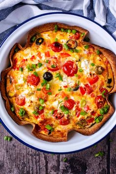 an overhead view of a pizza in a bowl