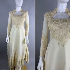 Vtg 70s Off White Lace Floral Trim Chifon Long Sleeve Train Wedding Gown Small Condition: Skirt Has Some Minor Spots/Discoloration But Overall Good Wearable Condition There Is No Size Tag So Please See Measurements To Ensure A Proper Fit. Measured Flat Unstretched. Double The Measurements For Complete Circumference. Armpit To Armpit 16.5-17 " Waist 13" Hips Free" Length 57" In Front 85" In The Back From Shoulder To Bottom Of Hem Back Across Shoulders 16" Sleeve 22" Please See Photos. Ask Any Questions Before Purchasing. Retro Vintage Wedding Dress With Lace Trim, 1970s Fitted Wedding Dress, 1970s Style Fitted Wedding Dress, 1970s Fitted Vintage Wedding Dress, Retro Long Sleeve Wedding Dress, Vintage Long Sleeve Formal Gown, 1970s Vintage Wedding Dress, Train Wedding, Wedding Gown