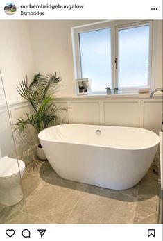 a white bath tub sitting in a bathroom next to a toilet under a large window