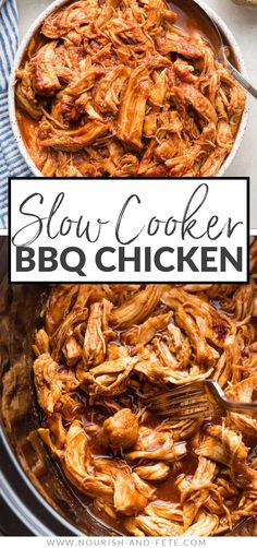 crockpot bbq chicken in a skillet with text overlay