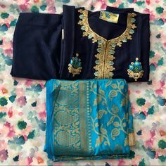 Desi Indian Punjabi Suit Navy Blue Suit With Light Blue Chunni Blue Summer Wedding Palazzo Set, Summer Wedding Blue Palazzo Set, Festive Fitted Blue Palazzo Set, Festive Blue Fitted Palazzo Set, Blue Unstitched Palazzo Set For Festive Occasions, Elegant Blue Palazzo Set For Summer, Traditional Blue Unstitched Suit For Summer, Fitted Blue Palazzo Set For Eid, Elegant Blue Unstitched Suit For Festive Season